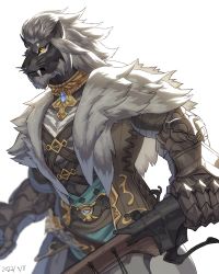 Rule 34 | 1boy, warrior of light (ff14), belt, brown jacket, chest harness, collar, cowboy shot, dated, fangs, final fantasy, final fantasy xiv, from side, fur-trimmed jacket, fur trim, furry, furry male, gauntlets, gem, grey hair, gun, harness, highres, holding, holding weapon, hrothgar, jacket, looking ahead, machinist (final fantasy), male focus, metal collar, open clothes, open jacket, rifle, shina ppp, short hair, simple background, solo, standing, weapon, whiskers, white background, yellow eyes
