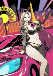 Rule 34 | 1girl, absurdres, artist name, between breasts, bikini, black bikini, black choker, black nails, breasts, building, car, card (medium), carmilla (fate), carmilla (swimsuit rider) (fate), carmilla (swimsuit rider) (third ascension) (fate), chain, choker, cleavage, curly hair, drill hair, earrings, eyewear on head, fate/grand order, fate (series), ferris wheel, gold chain, gold trim, hair ornament, highres, jewelry, john48625555mkii, lights, lips, looking at viewer, midriff, motor vehicle, nail polish, navel, night, o-ring, o-ring bikini, official alternate costume, open mouth, parted bangs, parted lips, ponytail, see-through, single leg pantyhose, smile, solo, sunglasses, swimsuit, thighs, yellow eyes