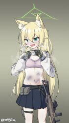 Rule 34 | 1girl, animal ears, artist name, black choker, blonde hair, blood, blue archive, blue skirt, bra, breasts, breath, bruise, choker, clothes lift, commentary request, doombreak, fang, fox ears, fox girl, gloves, gradient background, green background, green eyes, green gloves, green halo, gun, hair between eyes, halo, highres, holster, injury, kurumi (blue archive), lifting own clothes, long hair, long sleeves, looking at viewer, microphone, miniskirt, navel, open mouth, pink bra, puffy long sleeves, puffy sleeves, scratches, shirt, shirt lift, skirt, small breasts, solo, sweat, tearing up, thigh holster, trembling, twitter username, underwear, weapon, white shirt