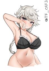 Rule 34 | 1girl, absurdres, asymmetrical hair, black bra, bottomless, bra, braid, breasts, brown eyes, cleavage, cropped torso, frilled bra, frills, grey hair, highres, kantai collection, large breasts, long hair, looking at viewer, navel, one-hour drawing challenge, out-of-frame censoring, simple background, single braid, solo, tf cafe, underwear, unryuu (kancolle), very long hair, white background