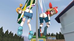 Rule 34 | 2girls, ass, bandana, bennyreda986, building, closed mouth, commentary, creatures (company), day, flag, flagpole, frown, game freak, gloves, green eyes, grey eyes, hanging, hanging wedgie, highres, looking at viewer, looking back, may (pokemon), misty (pokemon), multiple girls, nintendo, orange hair, outdoors, pokemon, pokemon lgpe, pokemon rse, pussy, red bandana, red shirt, shirt, shoes, short sleeves, shorts, side ponytail, sky, socks, tree, wedgie, white gloves