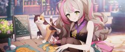 Rule 34 | 1girl, bare shoulders, blunt bangs, blush, bow, cat, dalgona, eversoul, food, game cg, green eyes, grey hair, hair ribbon, highres, holding, holding stick, jiho (eversoul), korean clothes, looking down, multicolored hair, nail polish, non-web source, official art, pantyhose, pink hair, plant, potted plant, ribbon, see-through, sidelocks, sign, skirt, sleeveless, smile, squatting, star (symbol), stick, streaked hair, sweets, tongue, tongue out, twintails, white skirt