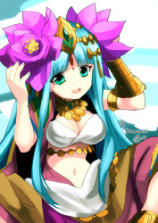 Rule 34 | 1girl, armlet, bad id, bad pixiv id, blue eyes, blue hair, breasts, circlet, cleavage, facial mark, flower, forehead mark, hair flower, hair ornament, hands on headwear, jewelry, long hair, lotus, matching hair/eyes, navel, necklace, open mouth, parvati (p&amp;d), puzzle &amp; dragons, solo, twitter username, yamanashi taiki