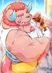Rule 34 | 1boy, alternate costume, arm hair, bara, blue eyes, blush, casual, chernobog (housamo), chest hair, curled horns, demon horns, facial hair, food, forked eyebrows, from above, furry, furry male, goatee, highres, horns, kebab, male focus, mature male, muscular, muscular male, orange hair, pants, pectoral cleavage, pectorals, pink fur, shirt, short hair, sideburns, skewer, solo, tail, tank top, thick eyebrows, tokiniha netai (pm8sleepy), tokyo houkago summoners, tusks, upper body, white shirt, white tank top, yellow pants