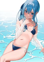 Rule 34 | 1girl, bare shoulders, bikini, blue bikini, blue eyes, blue hair, blue nails, blush, breasts, cleavage, hair between eyes, highres, hololive, hoshimachi suisei, medium hair, navel, open mouth, small breasts, solo, stomach, swimsuit, takeno omoti, virtual youtuber, water