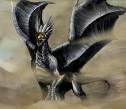 Rule 34 | black dragon, blue eyes, capcom, desert, dragon, elder dragon, horns, kushala daora, monster hunter (series), sandstorm, tail, wind, wings