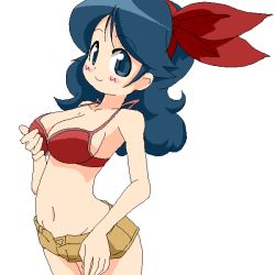 Rule 34 | 1girl, blue eyes, blue hair, bra, breasts, cleavage, curly hair, dragon ball, grabbing, grabbing another&#039;s breast, hairband, large breasts, lingerie, lunch (dragon ball), lunch (good) (dragon ball), matching hair/eyes, midriff, nemuro nao, oekaki, red bra, ribbon, short shorts, shorts, simple background, smile, solo, underwear, white background