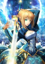 Rule 34 | 1girl, ahoge, arms behind back, arms up, artoria pendragon (all), artoria pendragon (fate), blonde hair, blue dress, braid, cleavage cutout, clothing cutout, dress, excalibur (fate/stay night), fate/stay night, fate (series), french braid, green eyes, highres, juliet sleeves, long sleeves, puffy sleeves, saber (fate), suishougensou, sword, weapon