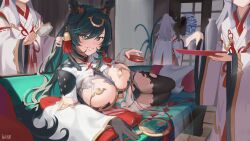 Rule 34 | 4girls, alcohol, asymmetrical gloves, black gloves, black hair, black thighhighs, bottle, breast cutout, breasts, brushing another&#039;s hair, brushing hair, choko (cup), colored inner hair, couch, cup, detached sleeves, dragon girl, dragon horns, draph, dress, duster, fikkyun, fingerless gloves, gloves, granblue fantasy, green eyes, green hair, hair between eyes, hair brush, hair ornament, hand fan, highres, holding, holding cup, holding duster, holding fan, holding hair brush, holding tray, horn ornament, horns, indoors, japanese clothes, large breasts, long hair, looking at viewer, lying, miko, mismatched gloves, mole, mole under mouth, multicolored hair, multiple girls, on couch, on side, parted lips, partially fingerless gloves, payila (granblue fantasy), pelvic curtain, pointy ears, red eyes, sake bottle, see-through, see-through dress, smile, tassel, tassel hair ornament, thighhighs, transparent fan, tray, tuanshan, two-tone eyes, white gloves, wide sleeves