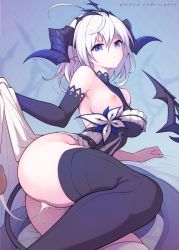 Rule 34 | 1boy, 1girl, after vaginal, ahoge, ass, black thighhighs, blue eyes, breasts, closed mouth, cum, cum in pussy, cum string, cumdrip, elsword, hair between eyes, horns, large breasts, looking at viewer, luciela r. sourcream, lying, nihilida (elsword), nipples, on side, one breast out, penis, pointy ears, solo focus, tail, thighhighs, waero, white hair