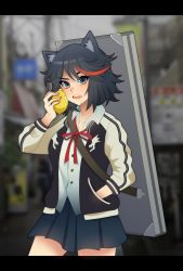 Rule 34 | 1girl, animal ears, black hair, black jacket, black skirt, blurry, blurry background, buttons, cat ears, cowboy shot, eating, fang, food, fruit, hand up, highres, holding, holding food, jacket, kemonomimi mode, kiki witch, kill la kill, lemon, long sleeves, looking at viewer, matoi ryuuko, neck ribbon, open clothes, open jacket, pleated skirt, red hair, red ribbon, ribbon, saliva, shirt, short hair, skirt, solo, swept bangs, teeth, upper teeth only, white jacket, white shirt