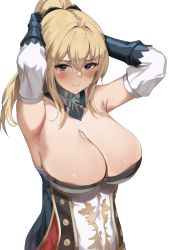 Rule 34 | 1girl, armpits, arms up, blonde hair, blue eyes, blush, bow, breasts, cleavage, cunimura1584, detached collar, detached sleeves, genshin impact, hair bow, highres, jean (genshin impact), large breasts, looking at viewer, medium hair, ponytail, sidelocks, solo