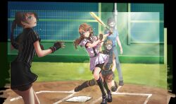 4girls arihara_tsubasa baseball baseball_bat baseball_glove baseball_stadium baseball_uniform belt belt_buckle belt_pouch bike_shorts_under_skirt black_belt black_footwear black_gloves black_pouch black_shirt black_shorts black_skirt black_socks black_undershirt blue_eyes bow brown_hair buckle catcher&#039;s_mask cinderella_series fingerless_gloves game_cg glint gloves grey_pants hachigatsu_no_cinderella_nine hair_between_eyes hair_bow highres holding holding_baseball_bat kneehighs lens_flare long_hair looking_up metal_baseball_bat multiple_girls neckerchief non-web_source official_art on_one_knee pants pink_neckerchief playing_sports pleated_skirt pouch satogahama_baseball_uniform shirt shirt_under_shirt short_sleeves shorts skirt socks solo_focus sportswear standing striped_belt striped_clothes striped_shirt sweat swinging vertical-striped_clothes vertical-striped_shirt yellow_bow