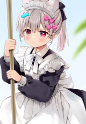 Rule 34 | 1girl, :t, apron, black dress, blurry, blurry foreground, blush, bow, closed mouth, collared dress, commentary request, depth of field, dress, fish hair ornament, frilled dress, frills, grey hair, hair between eyes, hair bow, hair ornament, highres, holding, indie virtual youtuber, long sleeves, looking at viewer, maid, maid apron, maid headdress, multicolored hair, natsume eri, natsume eri (vtuber), pink bow, pink hair, pout, puffy long sleeves, puffy sleeves, red eyes, solo, two-tone hair, virtual youtuber, white apron, white bow