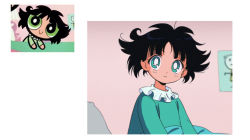 Rule 34 | 1girl, black hair, bright pupils, buttercup (ppg), buttercup redraw challenge (meme), derivative work, green eyes, green pajamas, highres, jongho bak, long sleeves, looking at viewer, meme, messy hair, pajamas, pillow, powerpuff girls, reference inset, retro artstyle, screenshot inset, screenshot redraw, shadow, smile, solo, under covers, white pupils