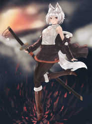 Rule 34 | 1girl, albino, animal ears, bare shoulders, belt boots, black pantyhose, boots, breasts, coat, ehrrr, high heel boots, high heels, highres, inubashiri momiji, jacket, knee boots, medium breasts, miniskirt, off shoulder, ootachi, pantyhose, pleated skirt, pom pom (clothes), red eyes, ribbed sweater, short hair, skirt, sweater, sweater vest, sword, tail, thighhighs, touhou, weapon, white hair, wolf ears, wolf tail
