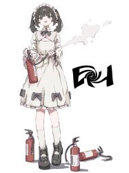 Rule 34 | 1girl, absurdres, belt, black eyes, black hair, boots, bow, bowtie, cleavage cutout, clothing cutout, distortion, dress, fire extinguisher, frilled sleeves, frills, full body, grey bow, grey bowtie, highres, holding, kneehighs, lolita fashion, long sleeves, looking at viewer, maid headdress, medium hair, nanoni!, open mouth, original, shadow, simple background, smile, socks, solo, spraying, twintails, white background, white belt, white dress, white socks, wide sleeves