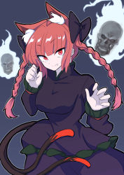 Rule 34 | 1girl, absurdres, animal ear fluff, animal ears, black bow, black shirt, black skirt, blunt bangs, bow, braid, breasts, cat ears, cat tail, commentary request, cowboy shot, extra ears, flaming skull, floating skull, frilled shirt, frilled sleeves, frills, fugaku (miko no miyatsuguchi), grey background, hair bow, highres, kaenbyou rin, long hair, long sleeves, looking at viewer, medium breasts, multiple tails, nekomata, open mouth, red eyes, red hair, shirt, simple background, skirt, smile, solo, tail, touhou, twin braids, two tails