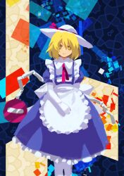 Rule 34 | 1girl, apron, blonde hair, blue dress, closed mouth, collared shirt, commentary request, dress, feet out of frame, flat chest, frilled apron, frilled dress, frills, gloves, hat, hat ribbon, highres, kaigen 1025, kana anaberal, looking at viewer, maid, neck ribbon, no entry sign, pantyhose, pinafore dress, pink ribbon, puffy short sleeves, puffy sleeves, ribbon, road sign, shirt, short hair, short sleeves, sign, sleeveless, sleeveless dress, smile, touhou, touhou (pc-98), white gloves, white headwear, white pantyhose, white shirt, yellow eyes