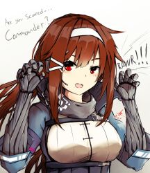Rule 34 | 1girl, android, artist name, b o y, brown hair, english text, girls&#039; frontline, hair ornament, headband, highres, js 9 (girls&#039; frontline), mechanical arms, mole, mole under eye, red eyes, roaring, scarf, signature, smile