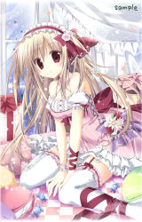 Rule 34 | 1girl, :o, bare shoulders, between legs, blonde hair, blush, box, breasts, candy, checkered floor, cleavage, collarbone, criss-cross halter, detached sleeves, dress, floor, food, garter straps, gift, gift box, hairband, halterneck, hand between legs, korie riko, lolita fashion, lolita hairband, off-shoulder dress, off shoulder, original, parted lips, pillow, puffy short sleeves, puffy sleeves, red eyes, sample watermark, short sleeves, sitting, thighhighs, twintails, wariza, watermark, white thighhighs, window