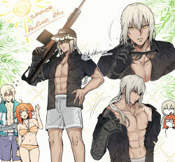 Rule 34 | abs, ahoge, alternate color, anti-materiel rifle, bare pectorals, barrett m82, bedivere (fate), bikini, black shirt, breasts, commentary, dual persona, english commentary, fate/grand order, fate (series), fujimaru ritsuka (female), green hoodie, grey hair, grey shorts, groin, gun, hair tubes, halterneck, hand on own hip, highres, holding, holding gun, holding weapon, hood, hoodie, kulissara-aung, large breasts, long hair, low twintails, motion lines, navel, one side up, open clothes, open hoodie, open shirt, orange eyes, orange hair, pectorals, prosthesis, prosthetic arm, rifle, shirt, shorts, sniper rifle, sparkle, striped bikini, striped clothes, sun, sunglasses, sweat, sweatdrop, swimsuit, twintails, unworn eyewear, weapon, yellow eyes