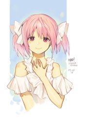 Rule 34 | 1girl, 2017, absurdres, arm at side, bare shoulders, blue background, blush, character name, commentary, commentary request, dated, english commentary, frilled sleeves, frills, hair ribbon, hand on own chest, happy, happy birthday, highres, kaname madoka, looking at viewer, mahou shoujo madoka magica, mahou shoujo madoka magica (anime), mixed-language commentary, pink eyes, pink hair, ribbon, shirt, short twintails, simple background, smile, solo, twintails, two-tone background, upper body, velahka, white background, white ribbon, white shirt