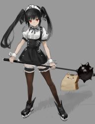Rule 34 | 1girl, :3, absurdres, animal ears, bag, black dress, black footwear, black hair, black ribbon, black thighhighs, breasts, cat ears, closed mouth, creature, dress, expressionless, full body, grass, grey background, hara shoutarou, highres, holding, holding weapon, kooh, legband, long hair, looking at viewer, mace, maid headdress, neck ribbon, pangya, paper bag, polearm, puffy short sleeves, puffy sleeves, red eyes, ribbon, shadow, short sleeves, simple background, small breasts, solo, spiked mace, spikes, standing, thighhighs, twintails, weapon, wrist cuffs