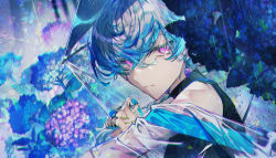 Rule 34 | 1boy, absurdres, androgynous, blue hair, closed mouth, earrings, flower, frown, highres, hydrangea, jewelry, looking at viewer, male focus, multicolored hair, mura karuki, nail polish, original, purple eyes, rain, ring, solo, umbrella