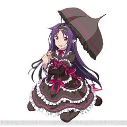 Rule 34 | 10s, 1girl, black thighhighs, dress, frilled dress, frills, full body, holding, holding umbrella, kneeling, long hair, open mouth, pointy ears, purple hair, red eyes, simple background, solo, sword art online, sword art online: code register, thighhighs, umbrella, watermark, white background, yuuki (sao)