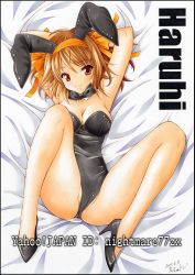 Rule 34 | 1girl, armpits, arms up, bare legs, bed, breasts, brown eyes, brown hair, playboy bunny, cameltoe, cleavage, female focus, from above, hair ribbon, high heels, large breasts, legs, long legs, looking at viewer, lying, nightmare77zx, on back, ribbon, shoes, short hair, solo, spread legs, suzumiya haruhi, suzumiya haruhi no yuuutsu, thighs