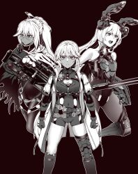 3girls animal_ears anti-materiel_rifle armored_leotard bare_shoulders bolt_action breasts cleavage cleavage_cutout closed_mouth clothing_cutout coat commentary_request covered_navel dark-skinned_female dark_skin expressionless fake_animal_ears feet_out_of_frame gauntlets girls&#039;_frontline_2:_exilium gun hair_between_eyes highres holding holding_sword holding_weapon knee_pads krolik_(girls&#039;_frontline_2) leotard limited_palette long_hair looking_at_viewer mechanical_ears multiple_girls nemesis_(girls&#039;_frontline_2) open_clothes open_coat open_mouth ots-14_(girls&#039;_frontline) ouga_(user_ctzw2237) playboy_bunny rabbit_ears rifle scope sig_san_511 simple_background single_knee_pad sniper_rifle standing sword tactical_playboy_bunny teeth upper_teeth_only weapon