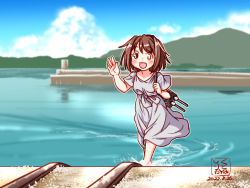 Rule 34 | 1girl, adapted turret, artist logo, blue sky, brown hair, cannon, cloud, commentary request, dated, day, dock, dress, furutaka (kancolle), glowing, glowing eye, grey dress, heterochromia, kantai collection, kutone shirika, mountain, official alternate costume, outdoors, short hair, sky, solo, turret, wading, water, yellow eyes