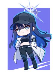 Rule 34 | 1girl, absurdres, baseball cap, black hair, black pants, black shirt, blue archive, blue eyes, blue hair, blue halo, blush, breasts, closed mouth, coat, colored inner hair, concha (mamecha), full body, halo, hat, highres, long hair, long sleeves, medium breasts, multicolored hair, navel, open clothes, open coat, pants, saori (blue archive), shirt, sleeveless, sleeveless shirt, solo, white coat