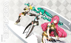 Rule 34 | armband, bad id, bad pixiv id, blonde hair, blue eyes, boots, checkered background, detached sleeves, closed eyes, floating hair, green eyes, green hair, hair ornament, hair ribbon, hairclip, hatsune miku, highres, kagamine rin, long hair, megurine luka, microphone, microphone stand, midriff, necktie, outstretched arm, piano keys, pianzu mao, pink hair, ribbon, short hair, skirt, thigh boots, thighhighs, twintails, very long hair, vocaloid