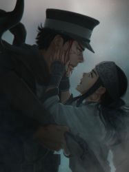 Rule 34 | 10s, 1boy, 1girl, absurdres, ainu, ainu clothes, asirpa, bandana, belt, black hair, bleeding, blood, blood on face, blue eyes, brown eyes, coat, earrings, face-to-face, fingerless gloves, from side, gloves, golden kamuy, gun, hat, highres, hoop earrings, jewelry, long hair, looking at another, manly, military hat, mprichin, night, open mouth, profile, rifle, scar, scar on face, scarf, short hair, simple background, snowing, sugimoto saichi, upper body, weapon