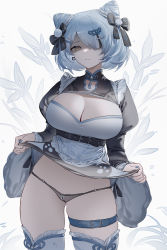 Rule 34 | 1girl, absurdres, belt, black belt, black panties, breasts, cleavage, cleavage cutout, clothes lift, clothing cutout, cone hair bun, cowboy shot, double bun, dress, dress lift, hair bun, highres, large breasts, lifted by self, looking at viewer, panties, shibuya (kurokamishain), short hair, simple background, solo, string panties, thigh belt, thigh strap, thighhighs, underbust, underwear, white background, white thighhighs