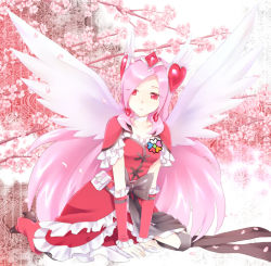 Rule 34 | 00s, 1girl, alternate costume, angel wings, ayamoto, boots, bow, cherry blossoms, choker, cure passion, cure passion (angel), dress, earrings, flower, fresh precure!, hair ornament, head wings, heart, heart hair ornament, higashi setsuna, jewelry, kneeling, long hair, magical girl, petals, pink hair, pouch, precure, red eyes, solo, tiara, tree, waist bow, white choker, wings