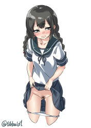 Rule 34 | 1girl, black eyes, black hair, blue skirt, blush, bow, braid, clothes lift, collarbone, cowboy shot, cropped legs, ebifurya, female pubic hair, gluteal fold, groin, hair bow, highres, isonami (kancolle), kantai collection, lifting own clothes, long hair, looking away, looking to the side, open mouth, panties, panty pull, pink bow, pleated skirt, pubic hair, pussy juice, school uniform, serafuku, short sleeves, simple background, skirt, skirt lift, solo, tears, twin braids, twitter username, underwear, white background, white panties