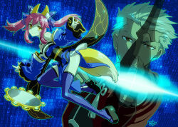 Rule 34 | 10s, aiming, aiming at viewer, animal ear fluff, animal ears, archer (fate), binary, blue thighhighs, bow, bow (weapon), eyebrows hidden by hair, fate/extra, fate (series), fox ears, fox shadow puppet, fox tail, hair between eyes, japanese clothes, mirror, pink hair, tail, tamamo no mae (fate/extra), task owner, thighhighs, weapon, zettai ryouiki