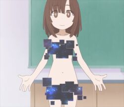 Rule 34 | 1girl, breasts, brown eyes, brown hair, censored, classroom, exhibitionism, kitanaga, legs, looking at viewer, navel, nude, public indecency, short hair, small breasts, smile, solo, stitched, thighs, third-party edit, ueno-san wa bukiyou