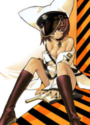 Rule 34 | 1girl, :o, animal ears, animal hat, belt, blade (galaxist), boots, breasts, brown eyes, brown hair, cat ears, cat hat, choker, cleavage, collar, galaxism blade, galaxist blade, gun, hat, knee boots, legs, looking at viewer, nekohat, open clothes, open shirt, red eyes, red hair, shirt, short hair, sitting, solo, spread legs, thighhighs, visor, visor cap, weapon