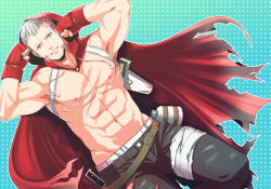 Rule 34 | 1boy, bandages, belt, blue eyes, boxing gloves, canteen, cape, facial hair, goatee, grey hair, hood, male focus, manly, muscular, persona, persona 3, persona 4: the ultimate in mayonaka arena, sanada akihiko, scar, shibuki, shibuki oroshi, topless male, shoulder holster, solo