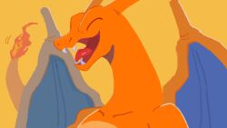 Rule 34 | charizard, closed eyes, collarbone, creatures (company), dragon, fangs, flame-tipped tail, game freak, gen 1 pokemon, happy, highres, mo~zu, nintendo, no humans, open mouth, pokemon, pokemon (creature), simple background, solo, tongue, yellow background