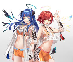 Rule 34 | 2girls, :d, alternate costume, arknights, bandeau, blue eyes, blue hair, breasts, brown eyes, character name, chongzi, clothes writing, commentary request, crop top, crop top overhang, drawstring, exusiai (arknights), gloves, gradient background, grey background, halo, hand up, highres, horns, jacket, long hair, medium breasts, midriff, mostima (arknights), multiple girls, navel, open clothes, open jacket, open mouth, orange shorts, orange tube top, red hair, see-through, short hair, short shorts, short sleeves, shorts, sleeveless, sleeveless jacket, smile, stomach, strapless, thighs, tube top, w, white background