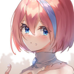 Rule 34 | 1girl, blue eyes, blue headband, blush, chinese commentary, commentary request, food, food on face, food on hand, gem, guzangnanfeng, hair between eyes, headband, highres, looking at viewer, original, pink hair, portrait, short hair, simple background, sketch, solo, white background