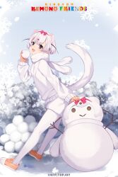 Rule 34 | 1girl, animal ears, black eyes, copyright name, extra ears, gloves, grey hair, highres, kemono friends, kemono friends kingdom, least weasel (kemono friends), looking at viewer, official art, outdoors, pantyhose, ribbon, scarf, shoes, short hair, shorts, snow, snowball, snowman, solo, sweater, tail, weasel ears, weasel girl, weasel tail
