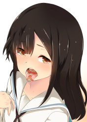 Rule 34 | 2girls, black hair, blonde hair, female focus, highres, multiple girls, noneto, open mouth, original, simple background, teeth, tongue, tongue out, upper body, vore, white background