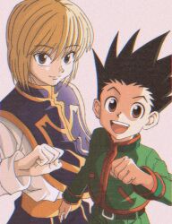 Rule 34 | 2boys, :d, blonde hair, clenched hand, closed mouth, cowboy shot, enoki (gongindon), from above, gon freecss, hair between eyes, hand up, hunter x hunter, kurapika, long sleeves, looking at viewer, male focus, multiple boys, official style, open mouth, red eyes, shirt, short hair, simple background, smile, spiked hair