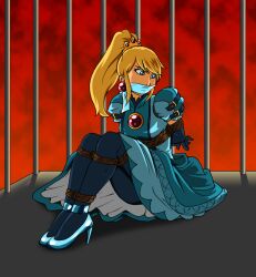 arms_behind_back bdsm bondage bound bound_ankles bound_arms cloth_gag cosplay gag gagged improvised_gag mario_(series) metroid nintendo non-web_source original pantyhose princess_peach princess_peach_(cosplay) rocatart rope samus_aran tied_up_(nonsexual)